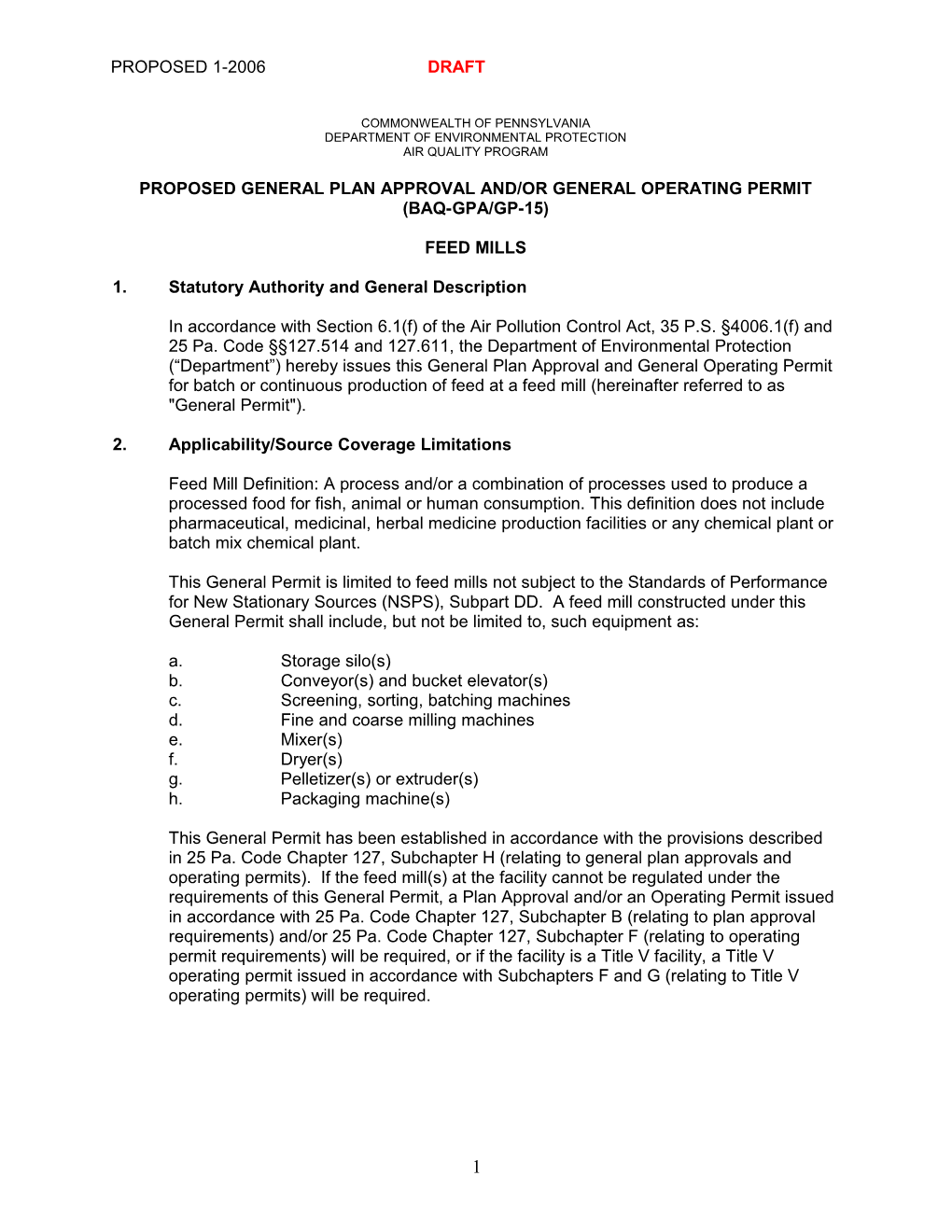 Proposed General Plan Approval And/Or General Operating Permit