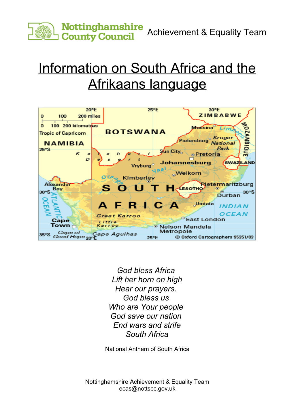 Information on South Africa and the Afrikaans Language