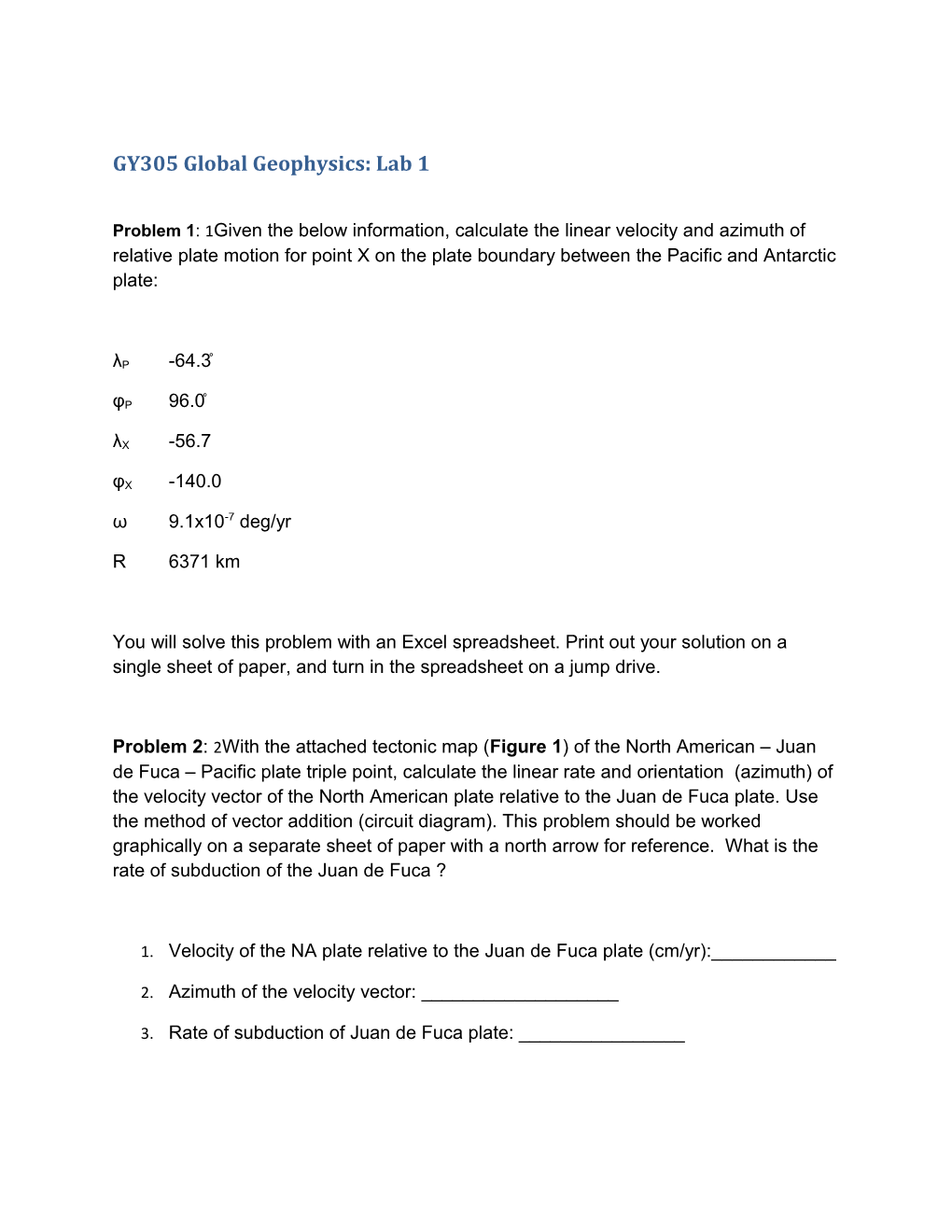 GY305 Global Geophysics: Lab 1