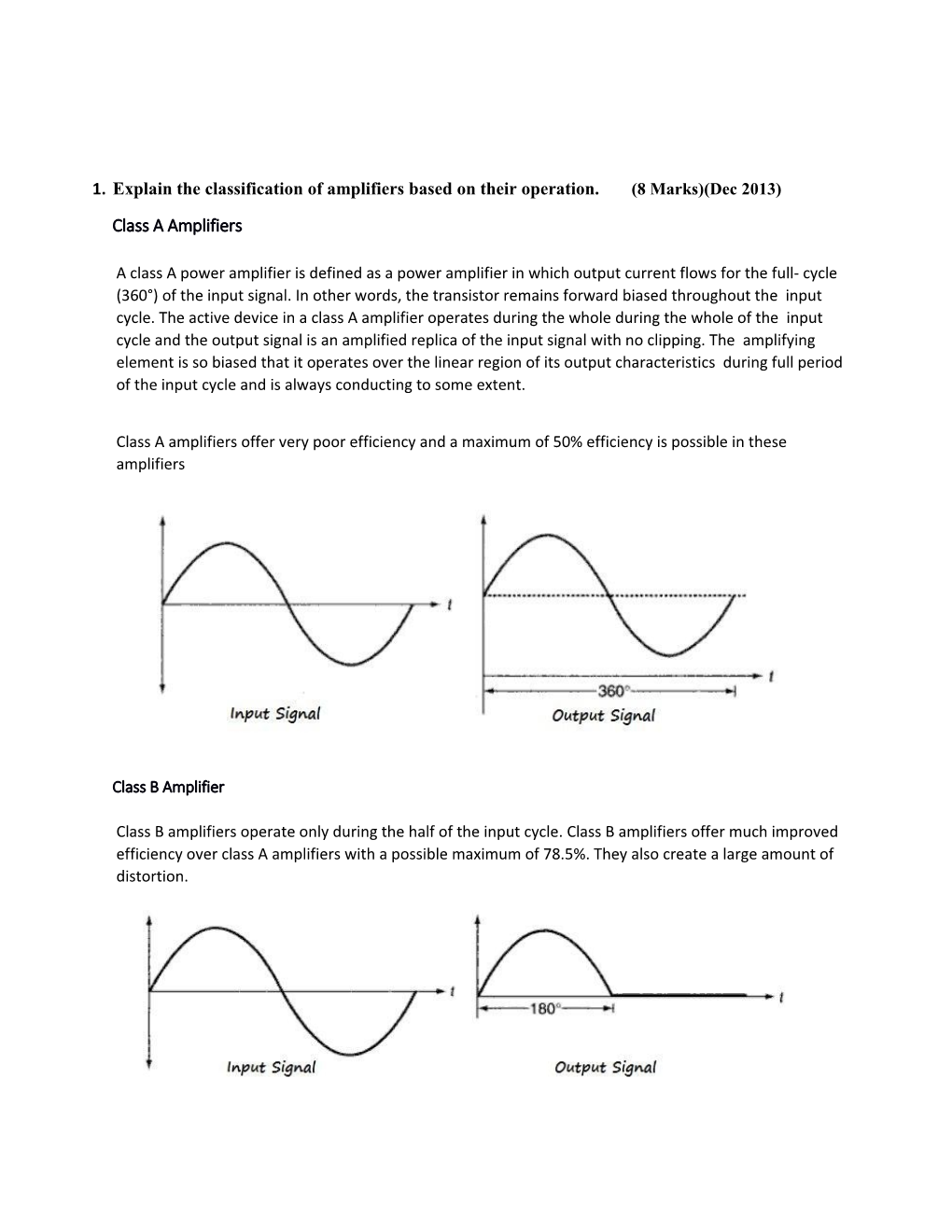 1.Explain the Classification of Amplifiers Based on Their Operation. (8 Marks)(Dec 2013)