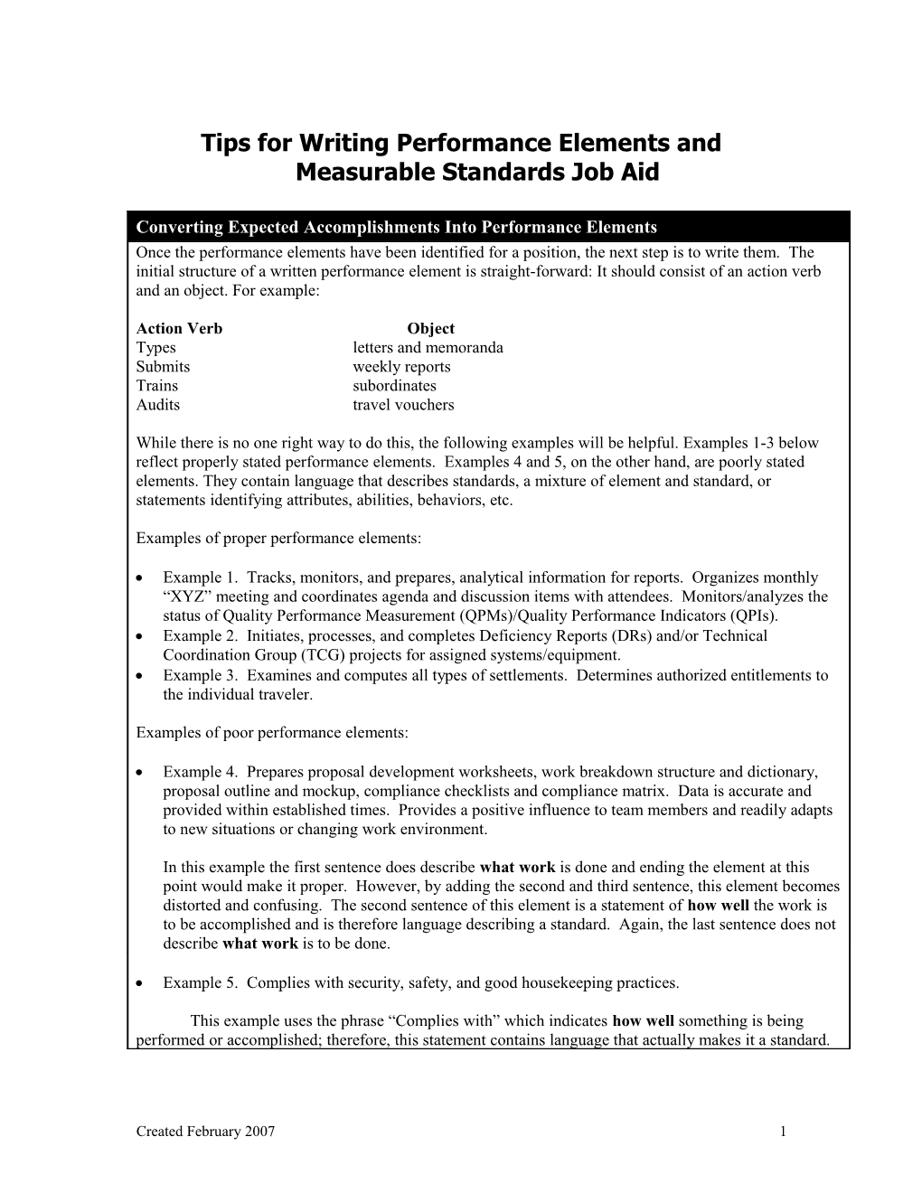 Tips for Writing Performance Elements and Measurable Standards Job Aid