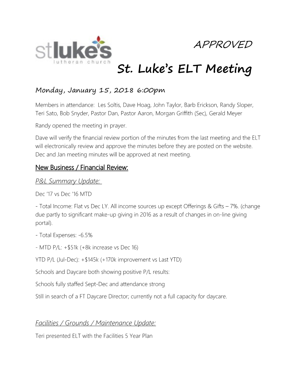 St. Luke S ELT Meeting