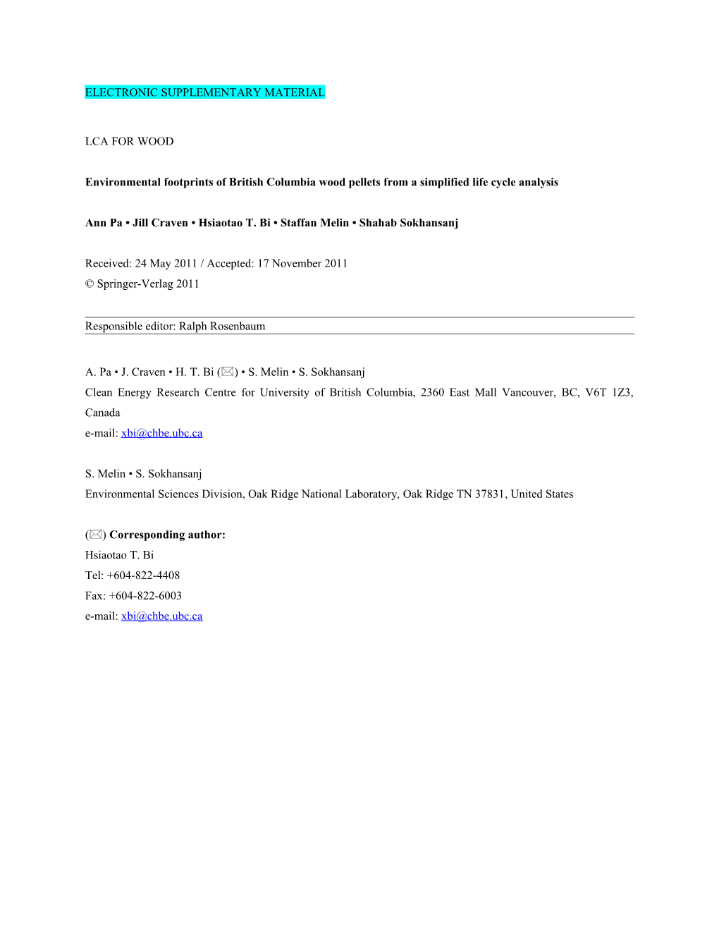 Environmental Footprints of British Columbia Wood Pellets from a Simplified Life Cycle