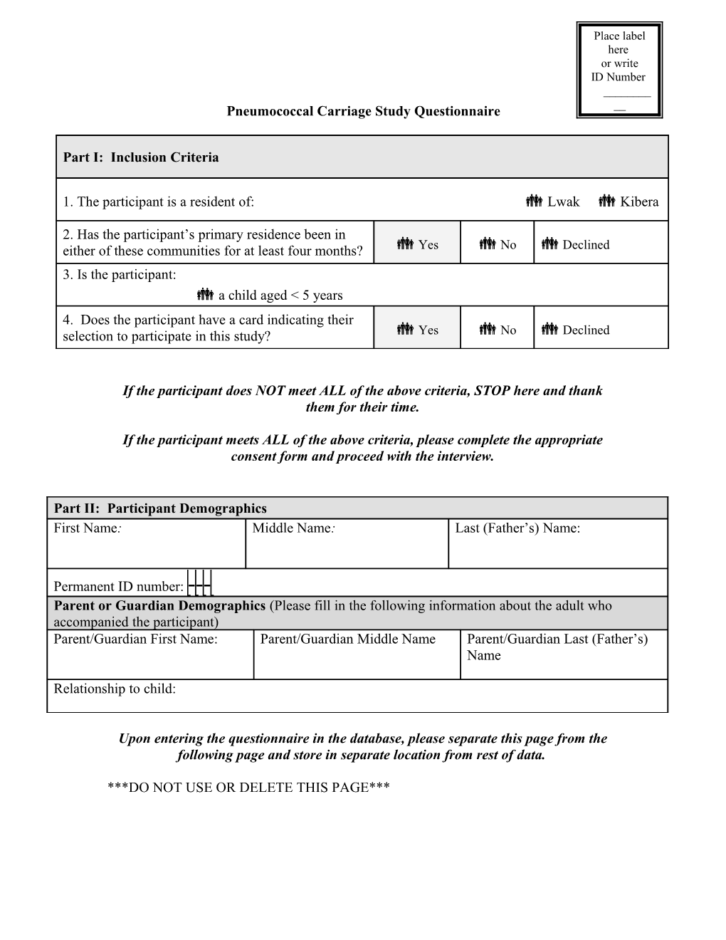 Appendix E: Pneumococcal Carriage Study Questionnaire