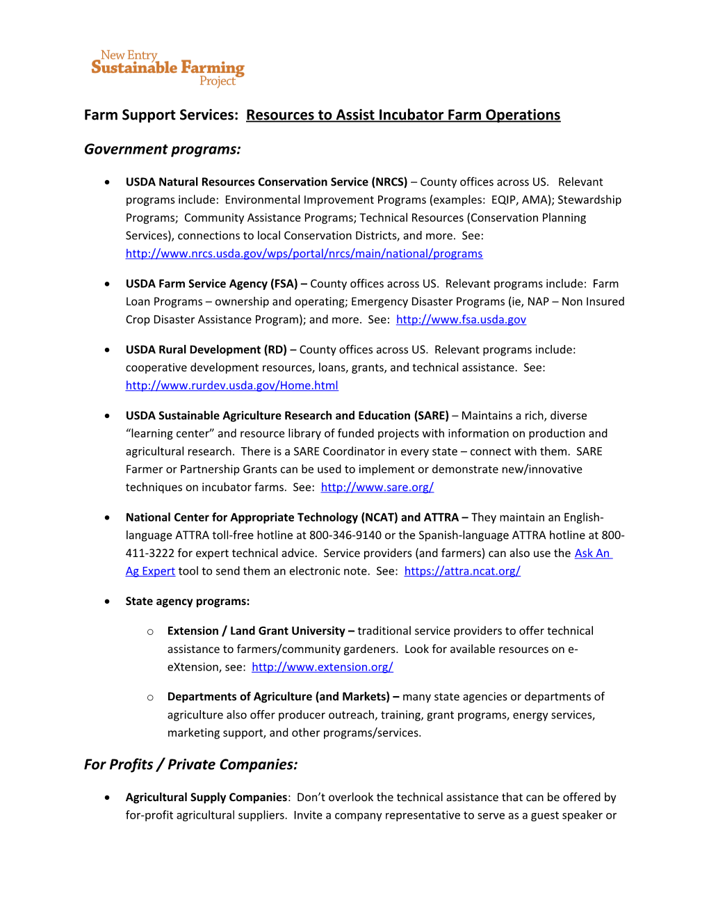 Farm Support Services: Resourcesto Assist Incubator Farm Operations