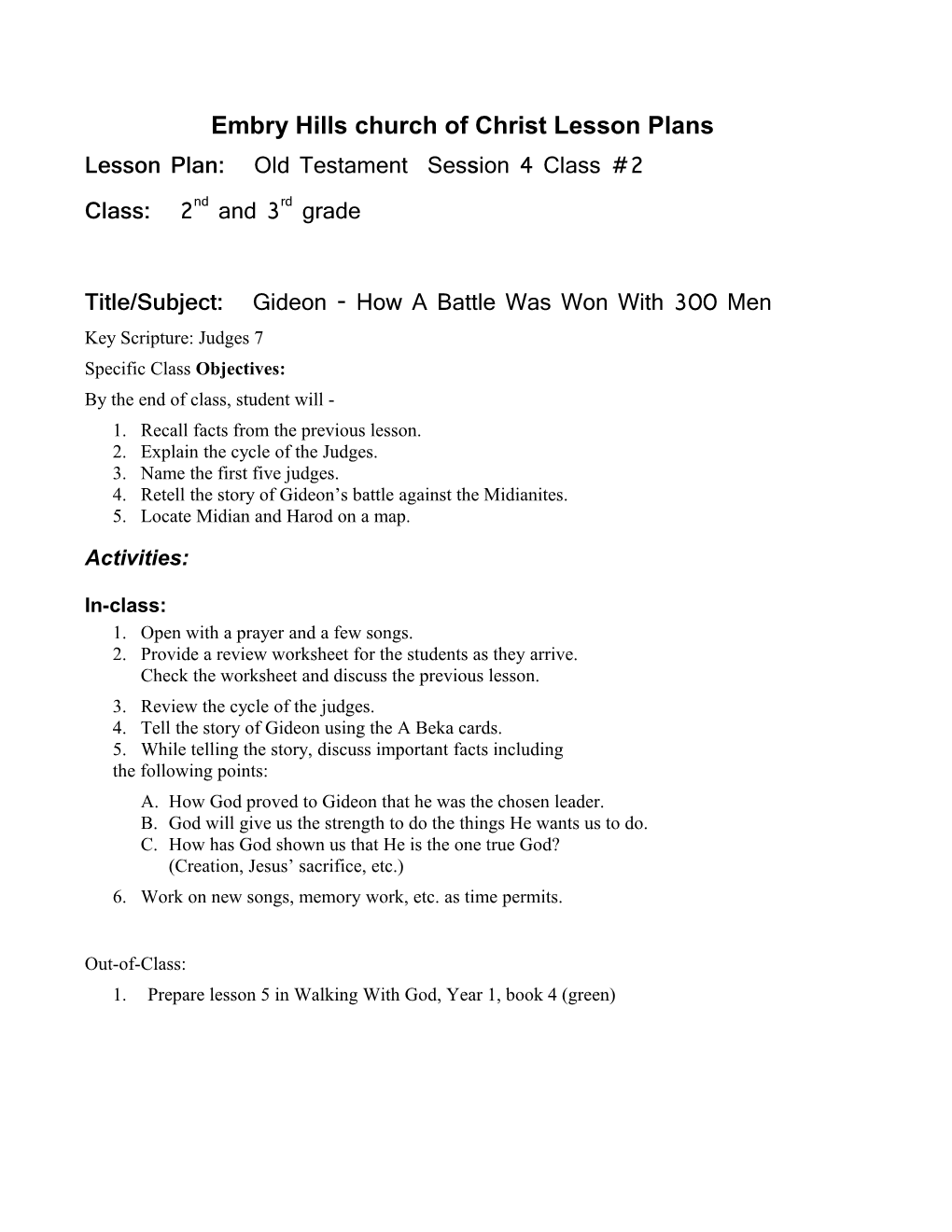 Lesson Plan: Old Testament Session 4 Class #2