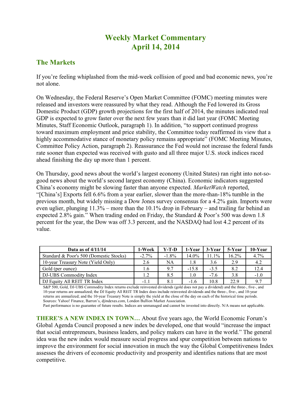 Weekly Commentary 04-14-14 PAA