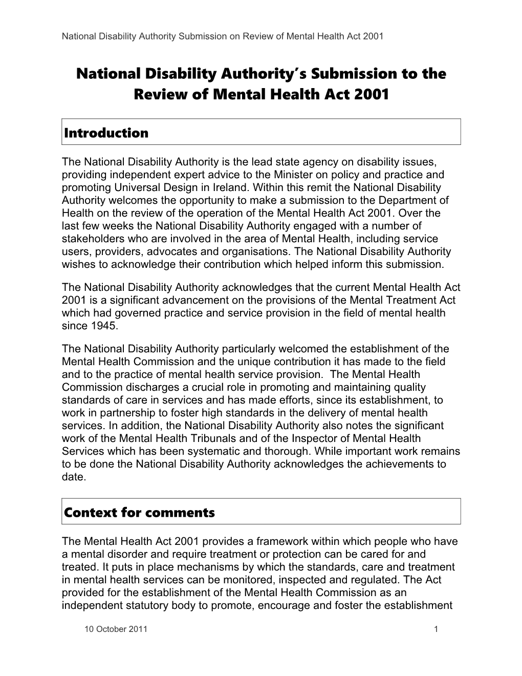 National Disability Authority S Submission to the Review of Mental Health Act 2001