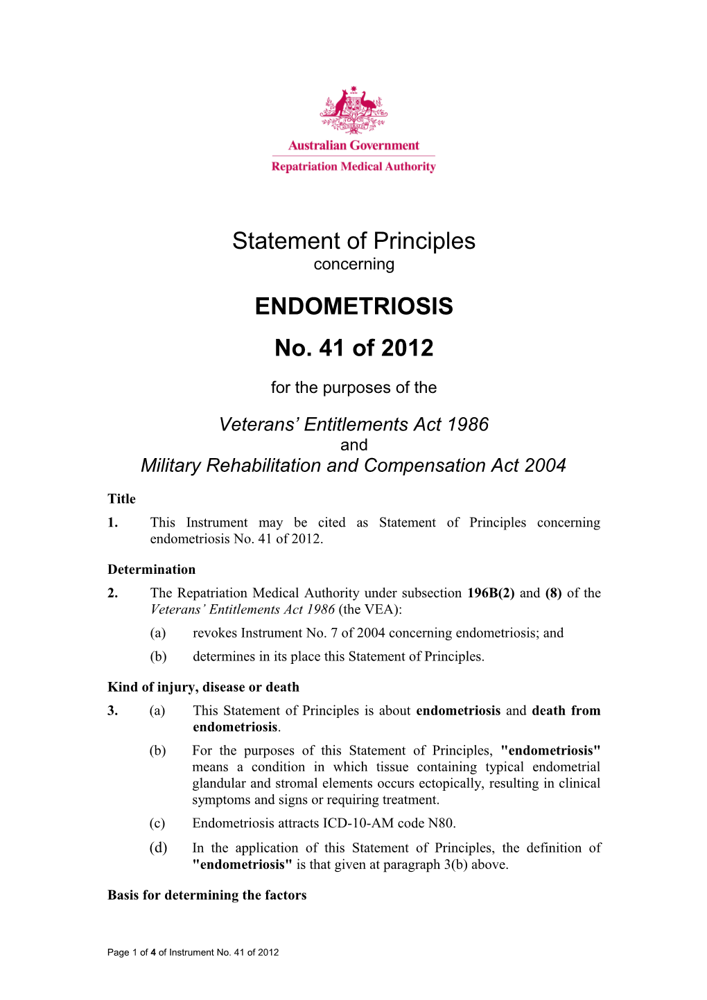 Statement of Principles 41 of 2012 Endometriosis Reasonable Hypothesis