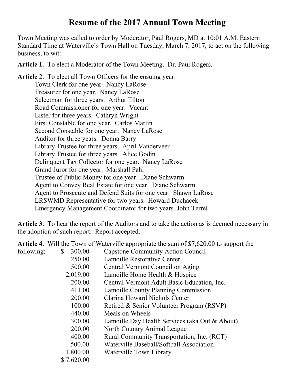 Resume of the 1999 Annual Town Meeting
