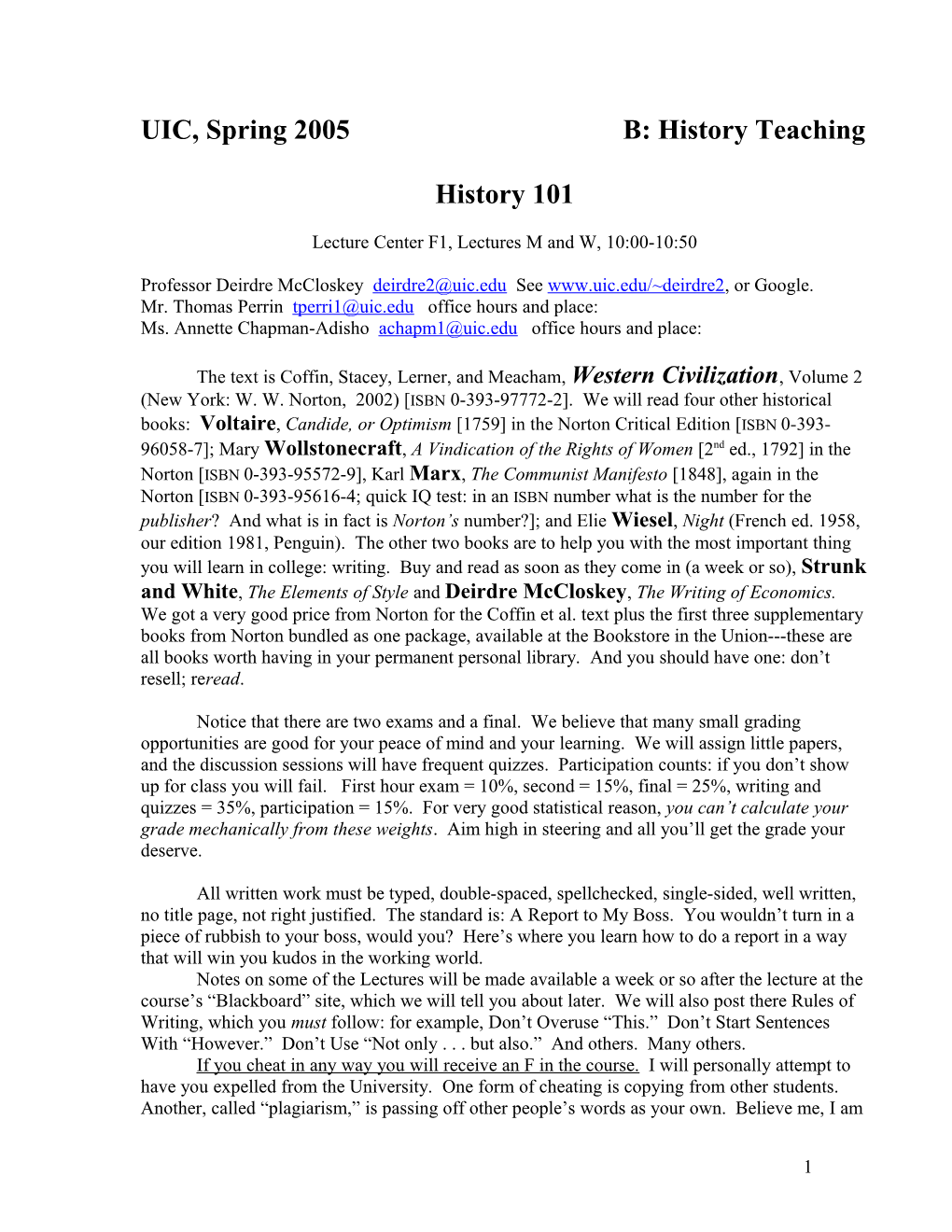 UIC, Spring 2005 B: History Teaching