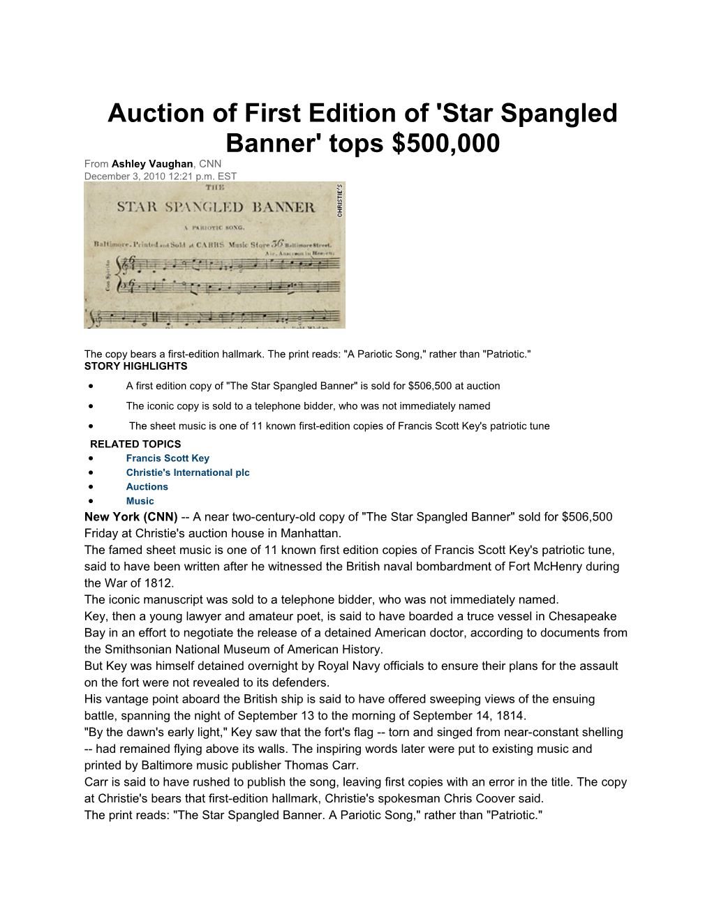 Auction of First Edition of 'Star Spangled Banner' Tops $500,000