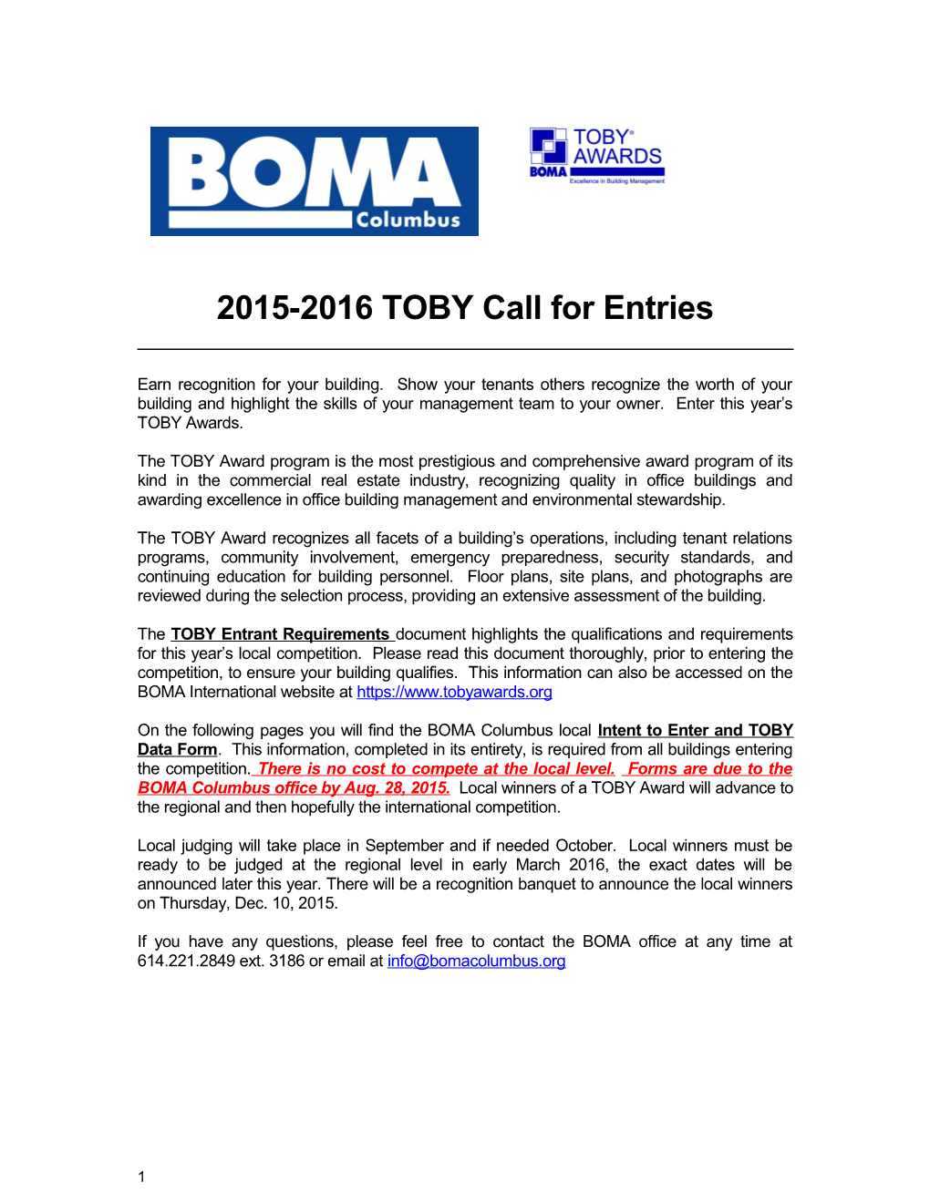2015-2016 TOBY Call for Entries