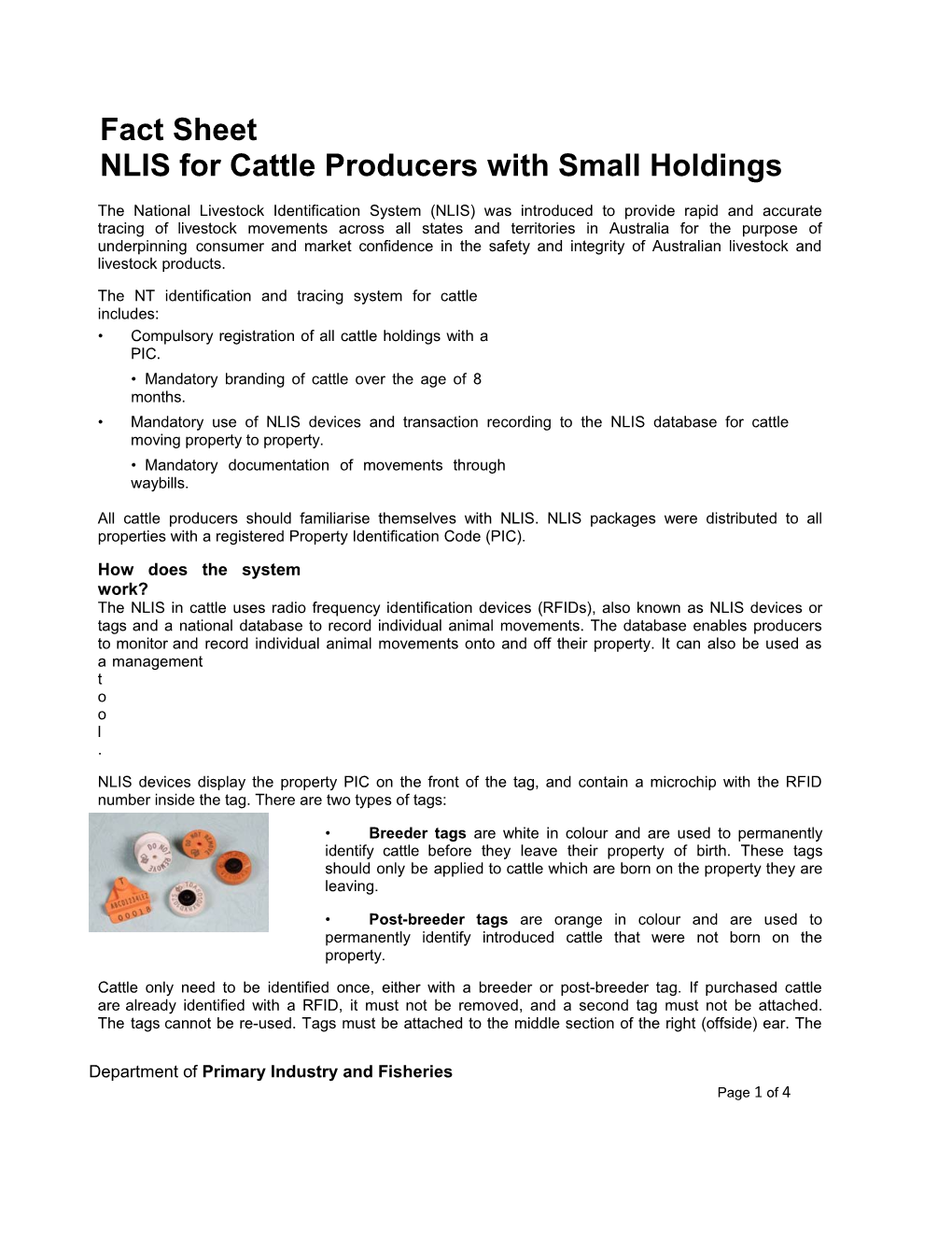 Fact Sheet - NLIS for Cattle Producers with Small Holdings