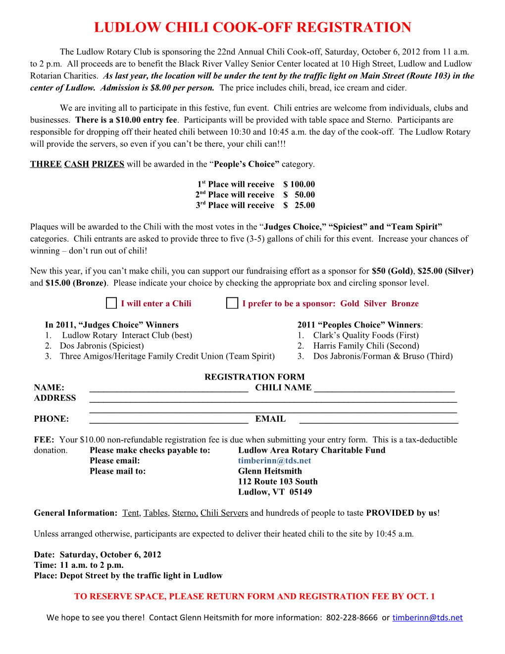 Ludlow Chili Cook-Off Registration