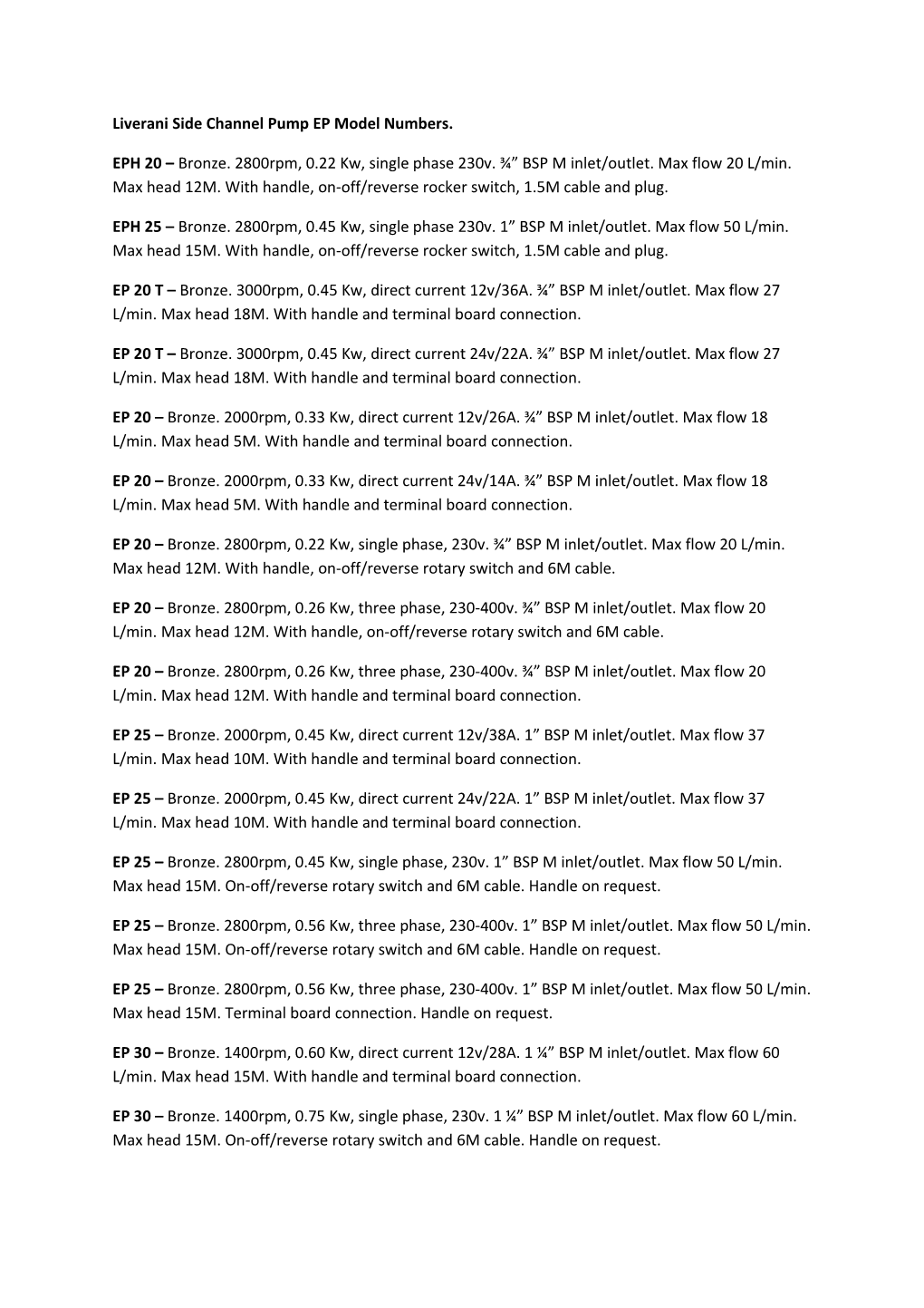 Liverani Side Channel Pump EP Model Numbers