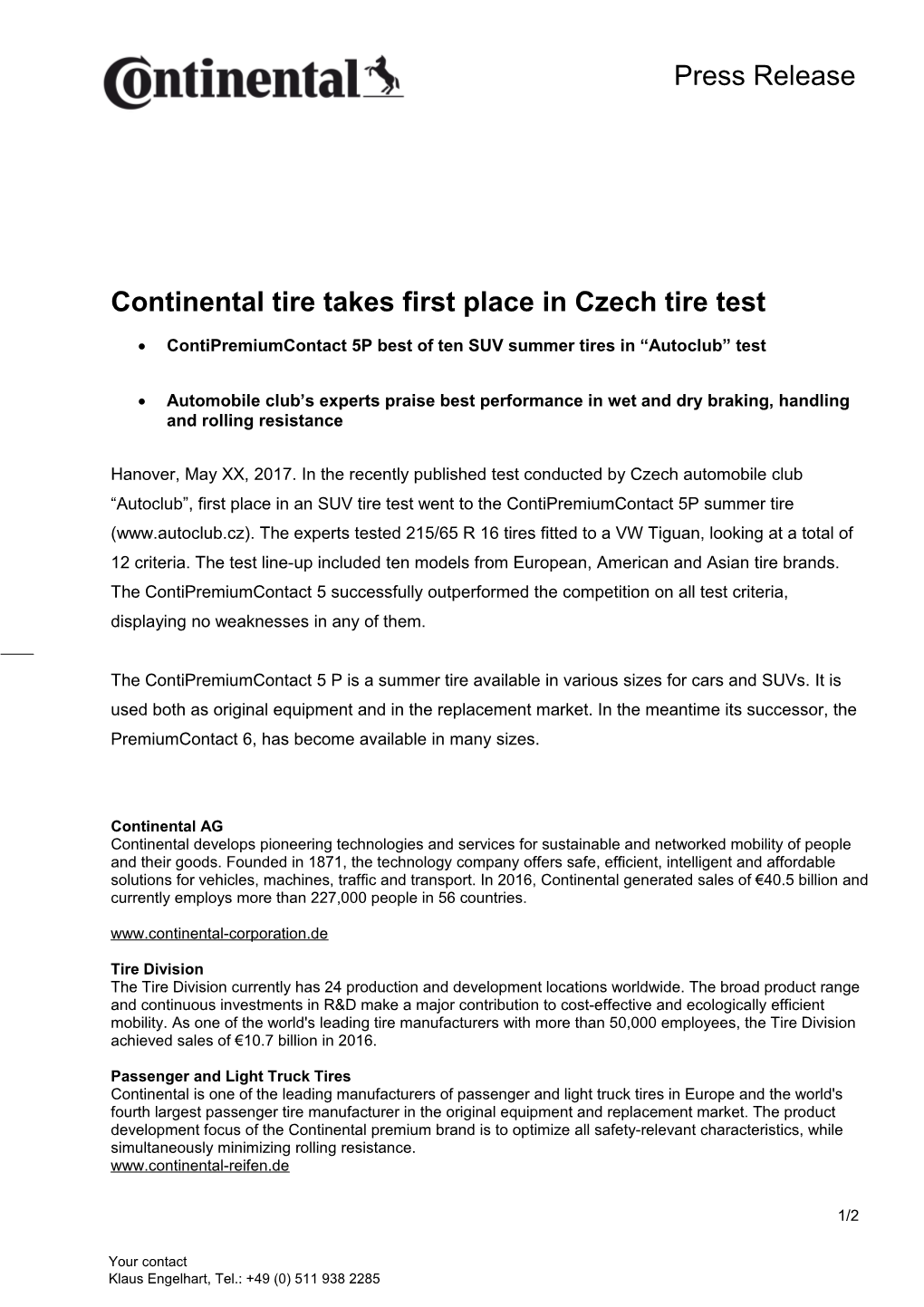 Continental Tire Takes First Place in Czech Tire Test