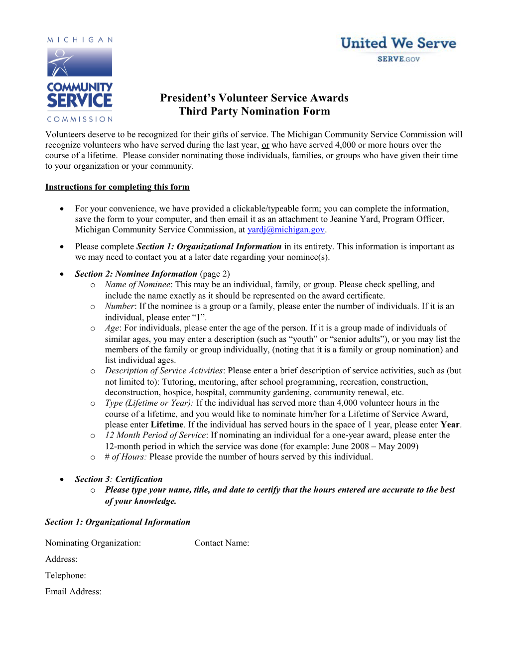 Presidents Volunteer Service Awards Nomination Form