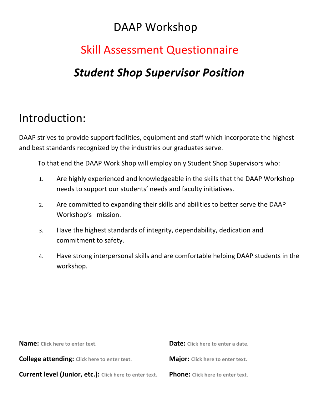Student Shop Supervisor Position