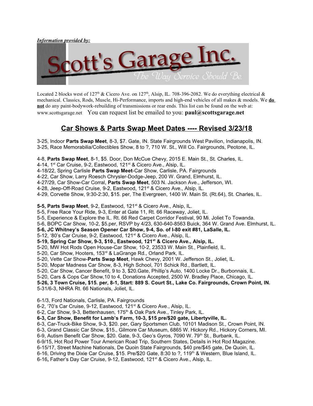 Car Shows & Parts Swap Meet Dates Revised 3/23/18
