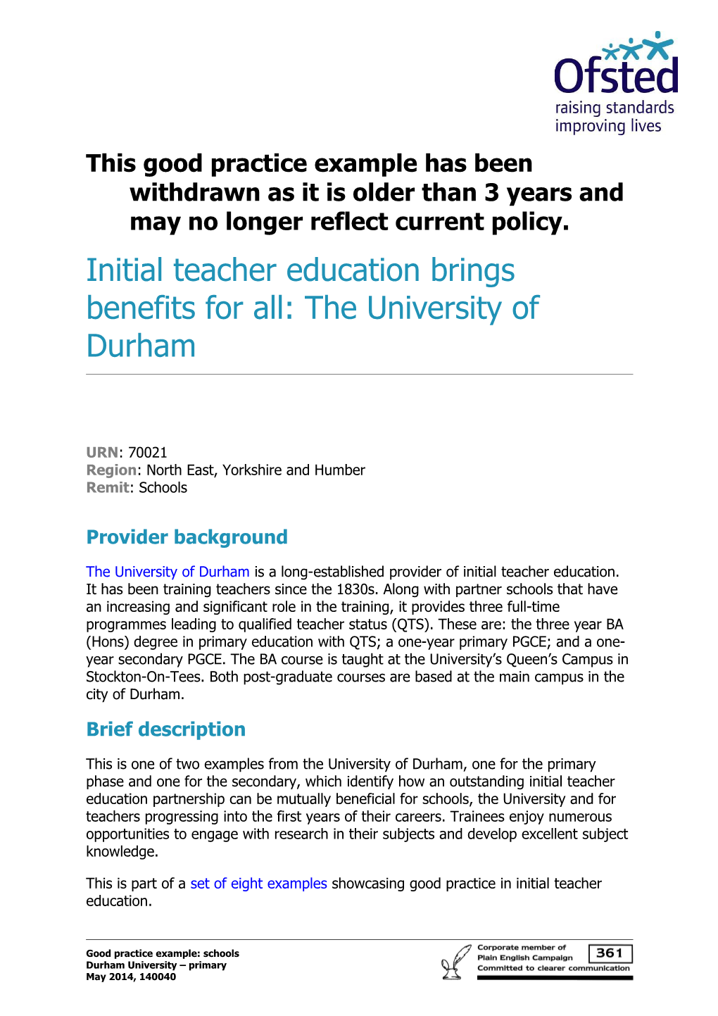 Initial Teacher Education Brings Benefits for All: the University of Durham