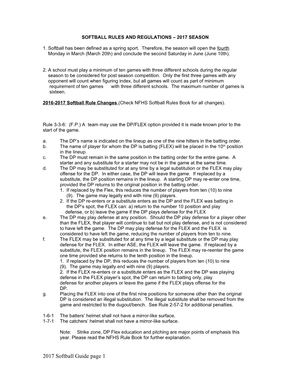 Softball Rules and Regulations 2003 Season
