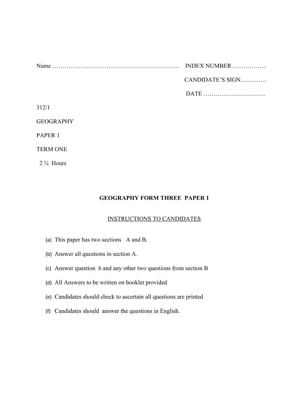 Geography Form Three Paper 1