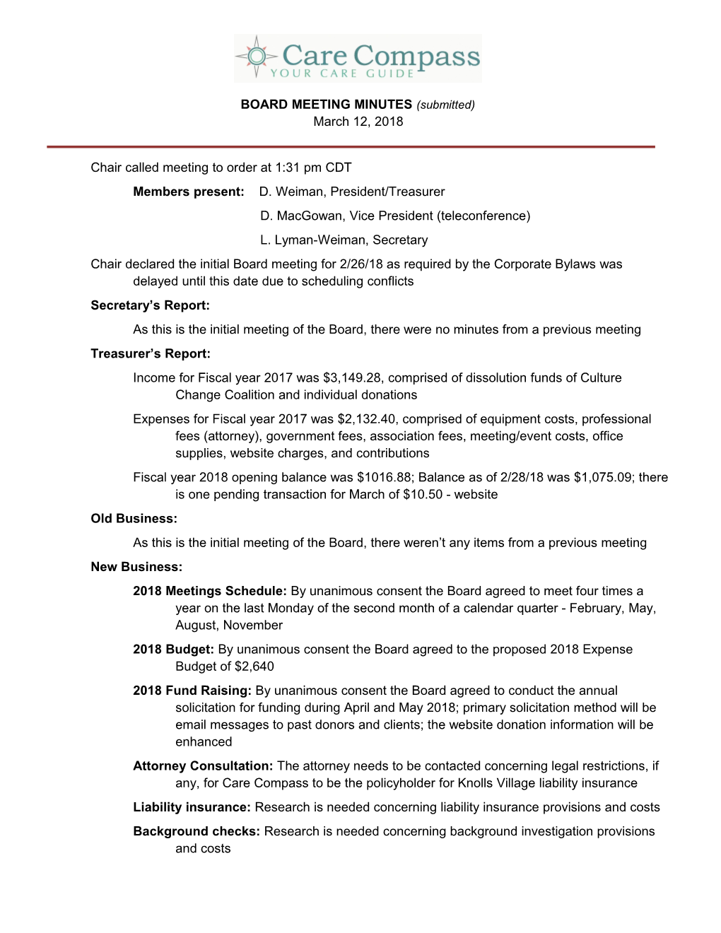 BOARD MEETING MINUTES (Submitted)