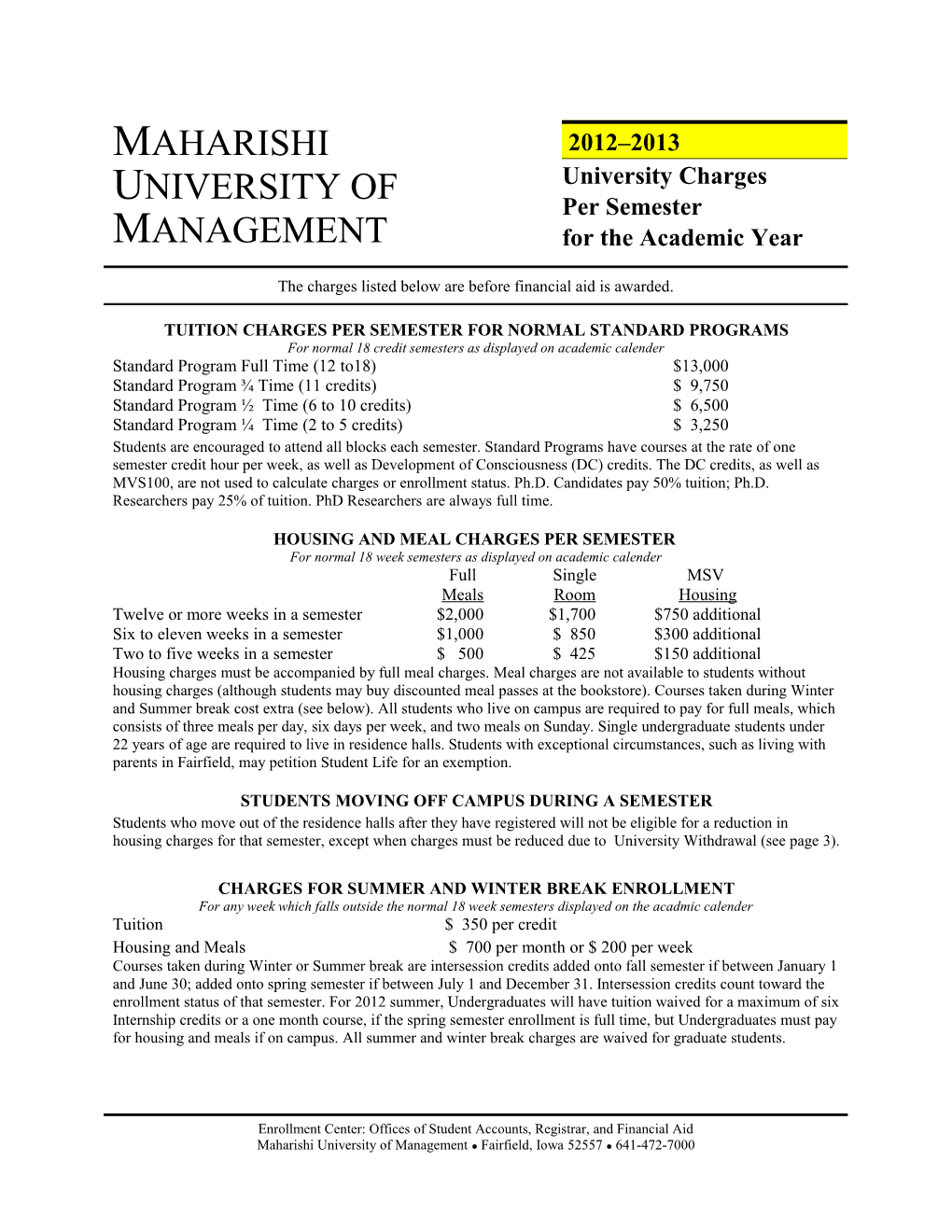 1998-1999 University Charges Per Semester for the Academic Year