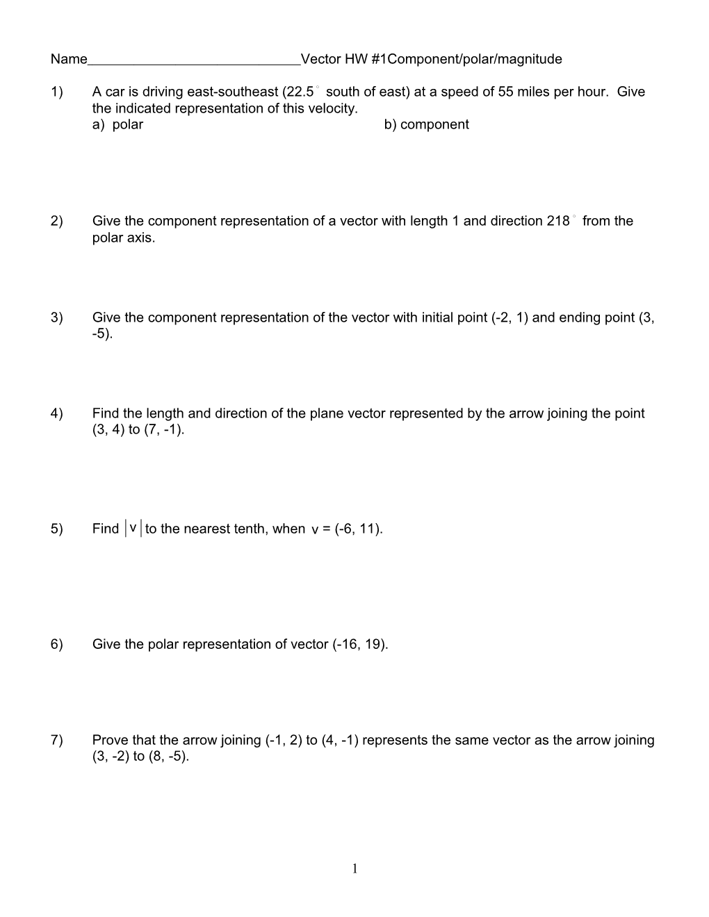 Namevector HW #1Component/Polar/Magnitude