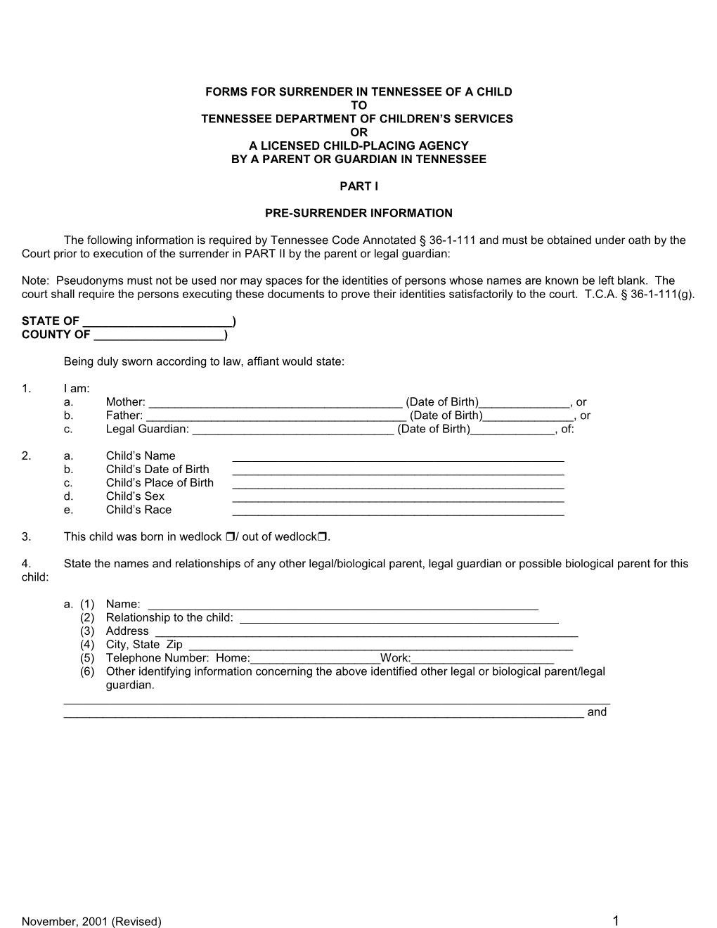 Forms for Surrender in Tennessee of a Child
