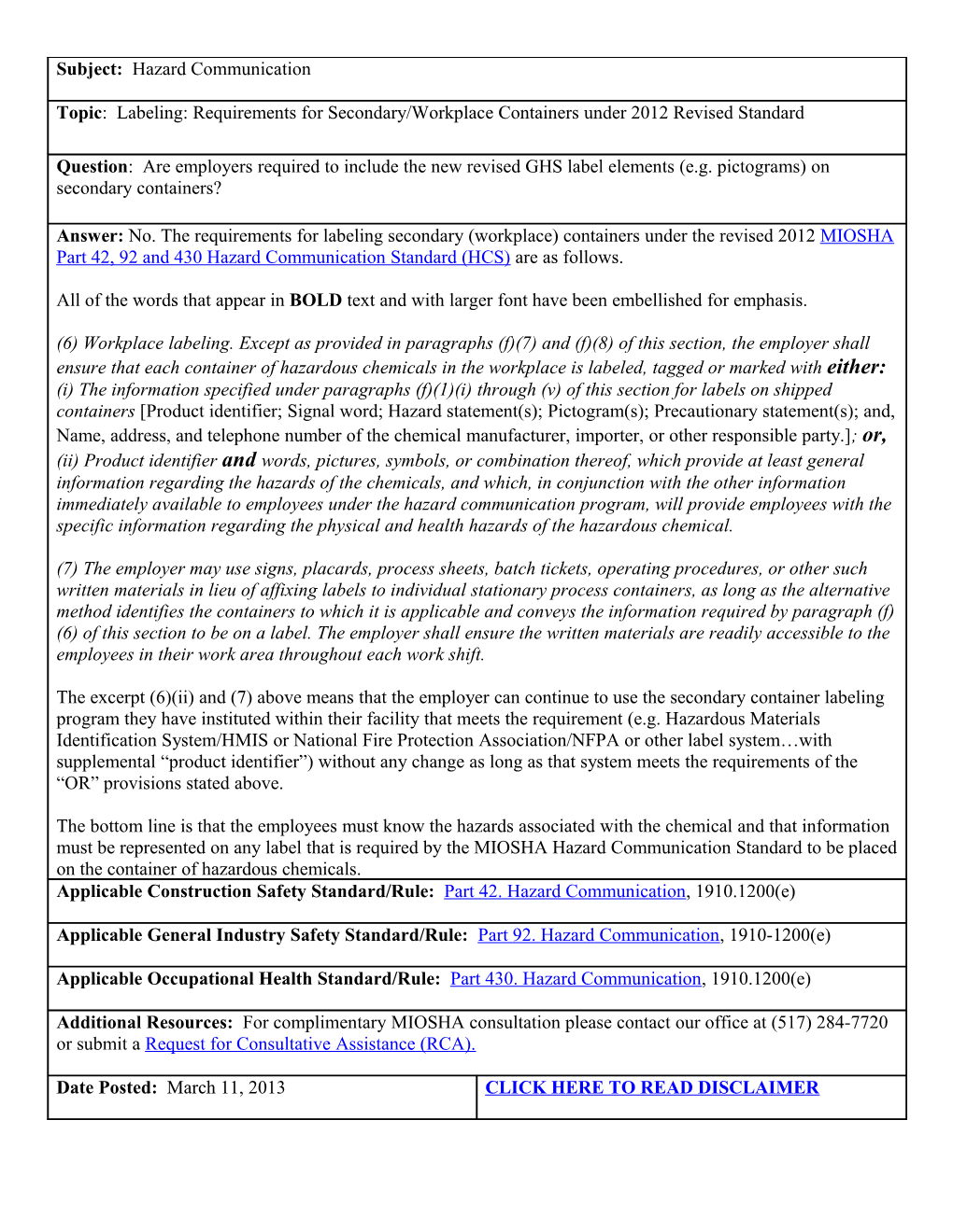 Labeling: Requirements for Secondary/Workplace Containers Under 2012 Revised Standard