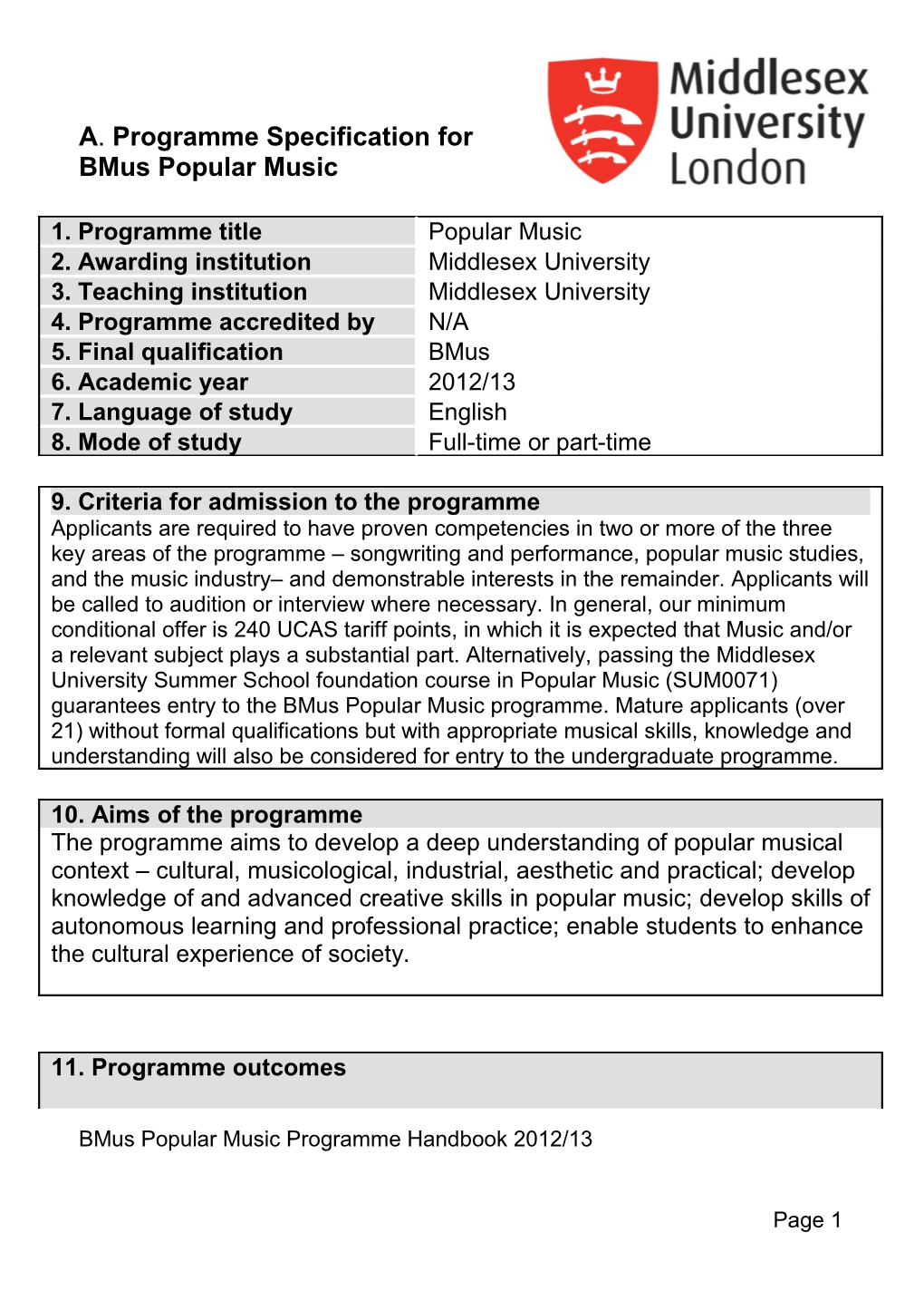 A. Programme Specification for Bmus Popular Music