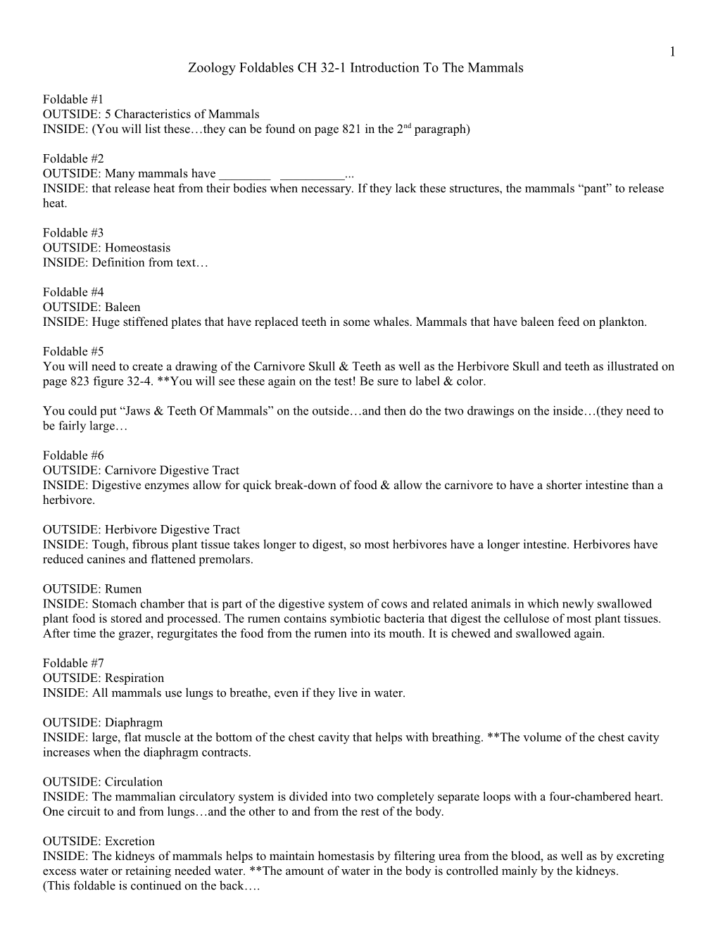 Zoology Foldables CH 32-1 Introduction to the Mammals