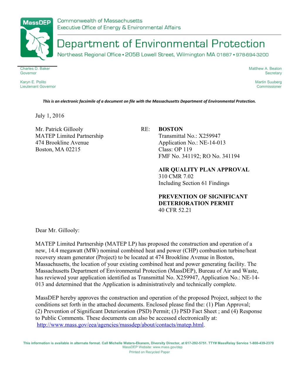 Massdep Letter of July 1, 2016 to MATEP Limited Partnership