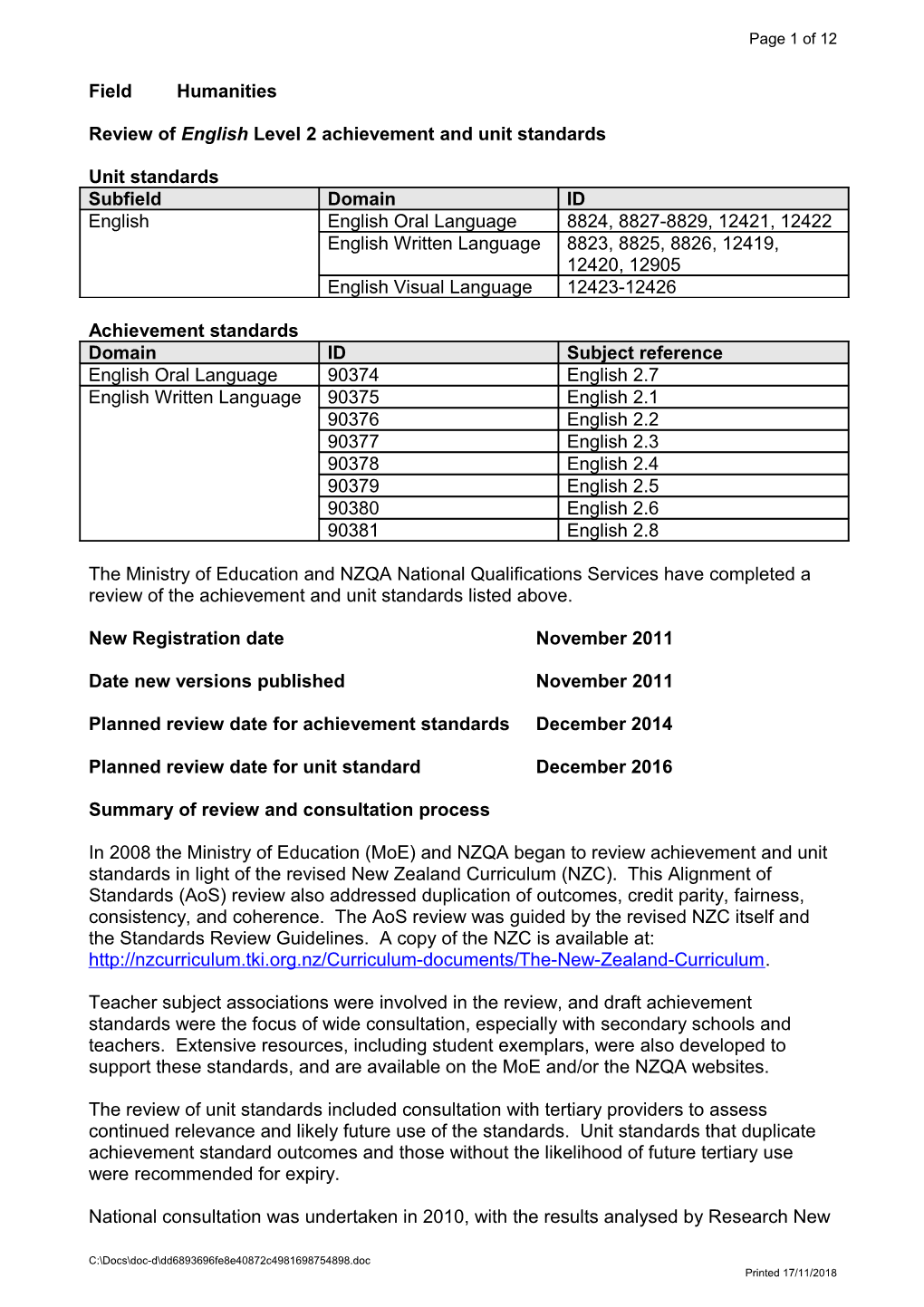 Review of English Level 2 Achievement and Unit Standards