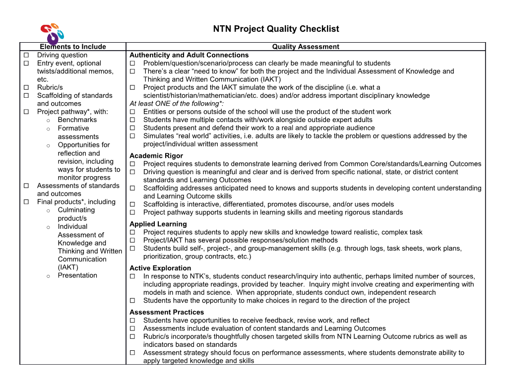 NTN Project Quality Checklist