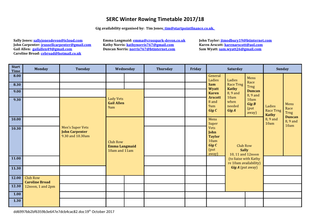 SERC Winter Rowing Timetable 2017/18