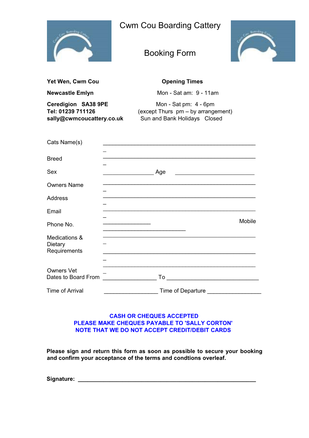 Booking Form Jan 2014 Revised