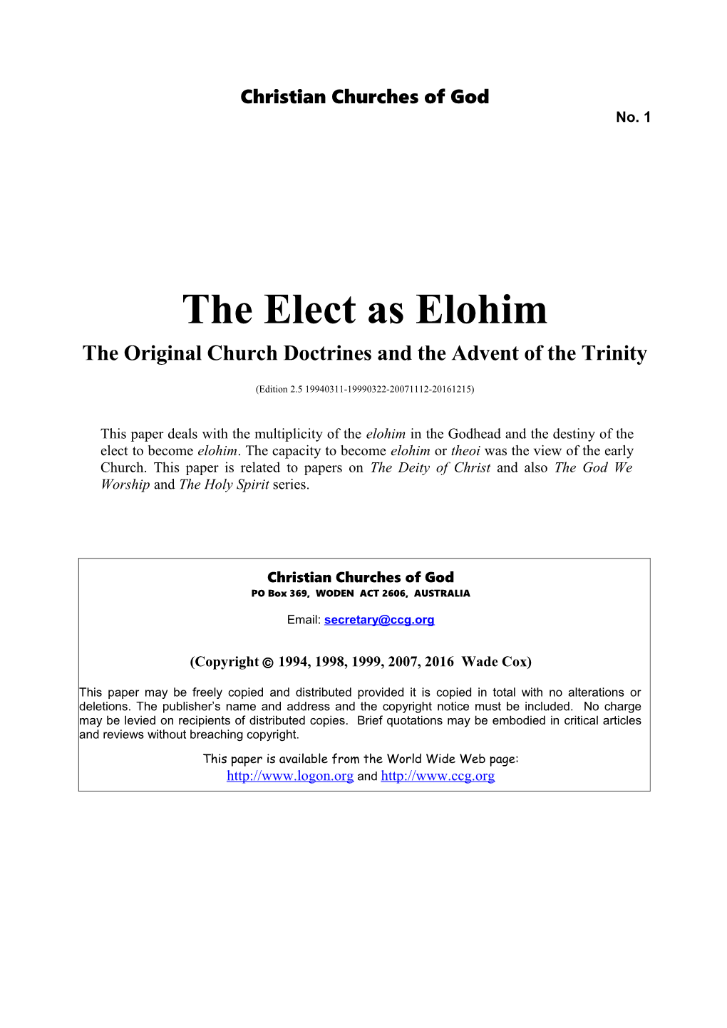 The Elect As Elohim (No. 1)
