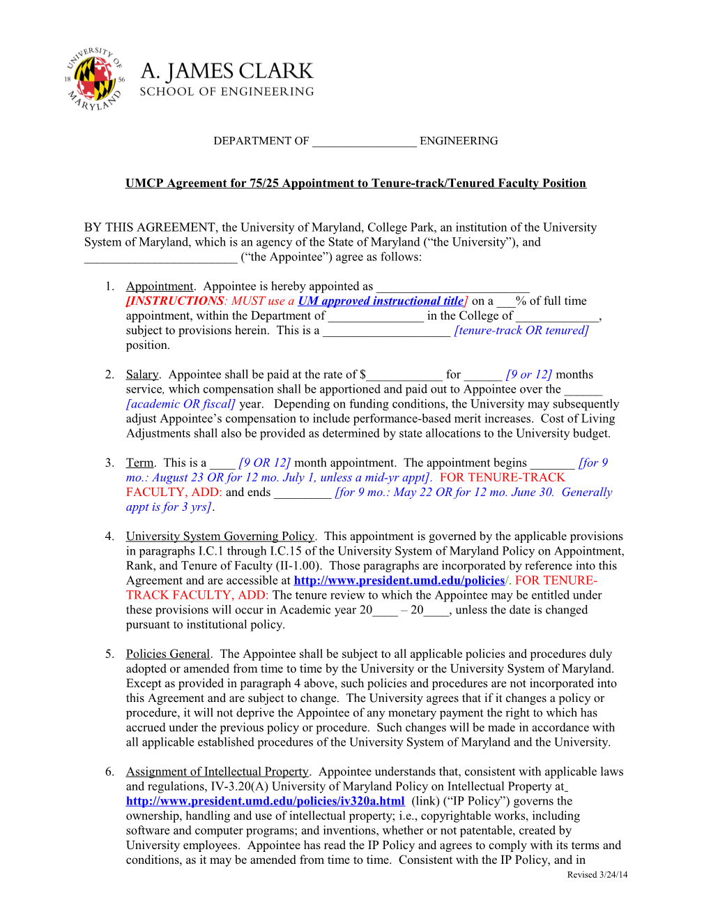 UMCP Agreement for Appointment to Tenured/Tenure-Track Faculty Position