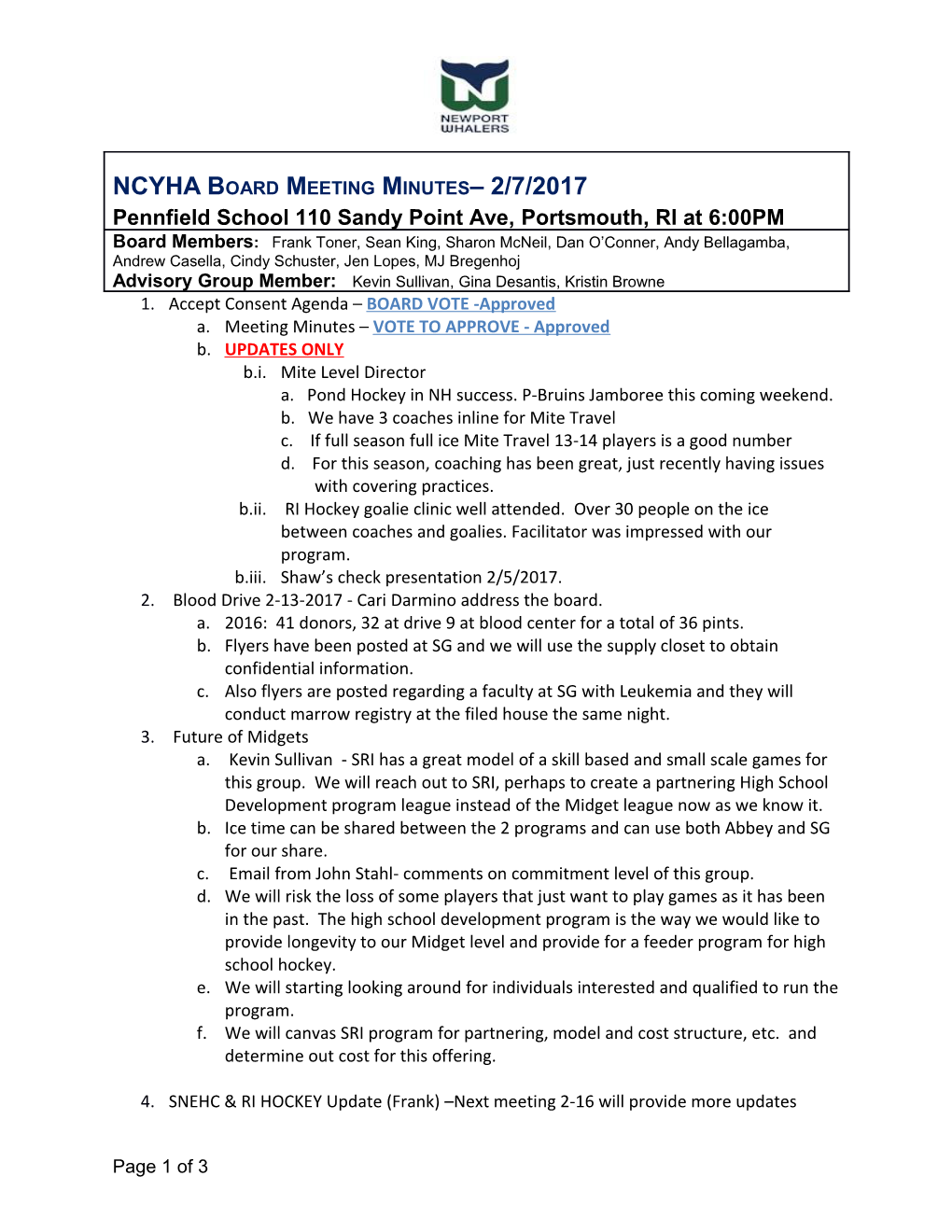 NCYHA Board Meeting Minutes 2/7/2017