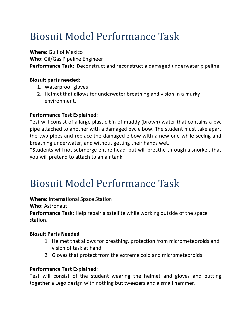 Biosuit Model Performance Task