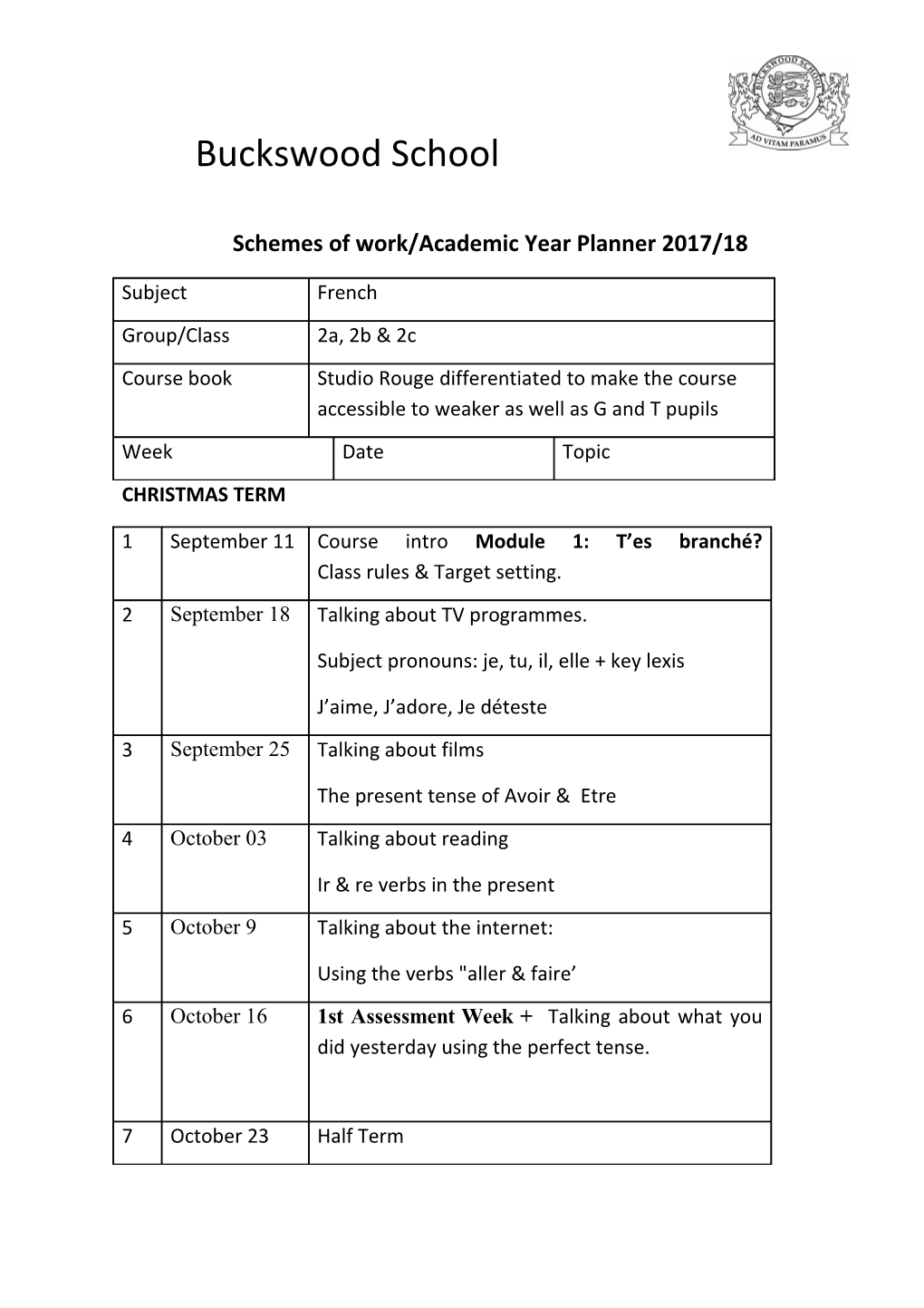 Schemes of Work/Academic Year Planner 2017/18