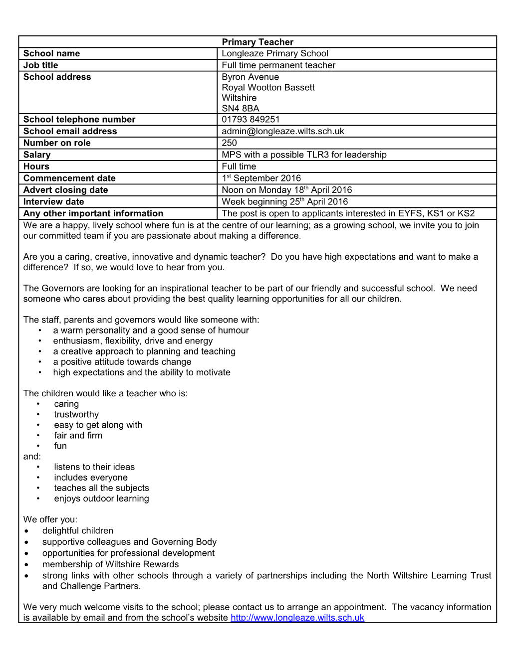 Schools Vacancy Bulletin Advert Request Form