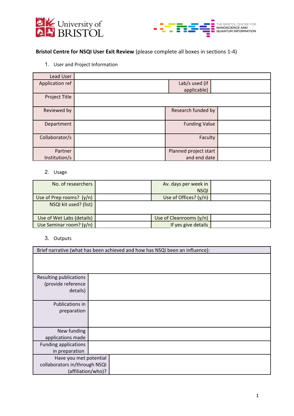 Bristol Centre for NSQI User Exit Review (Please Complete All Boxes in Sections 1-4)
