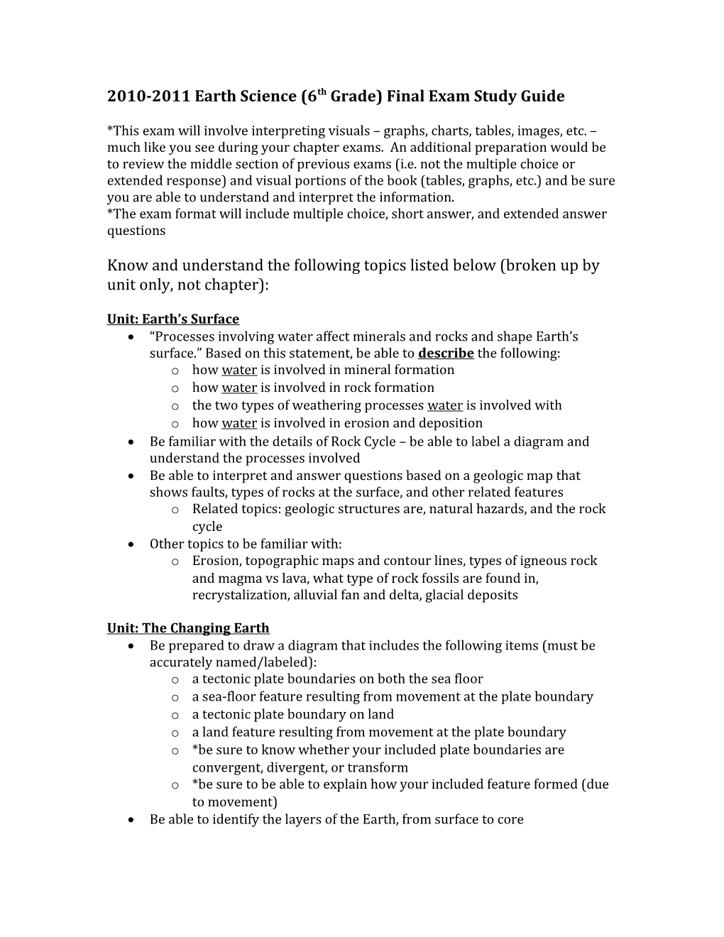 2010-2011 Earth Science (6Th Grade) Final Exam Study Guide