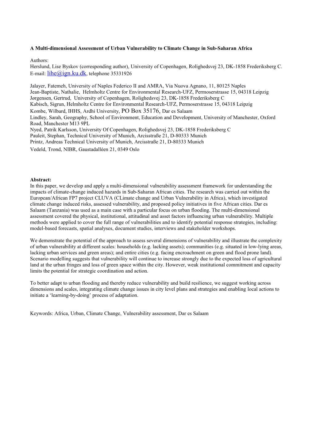 Amulti-Dimensional Assessment of Urban Vulnerability to Climate Change in Sub-Saharan Africa