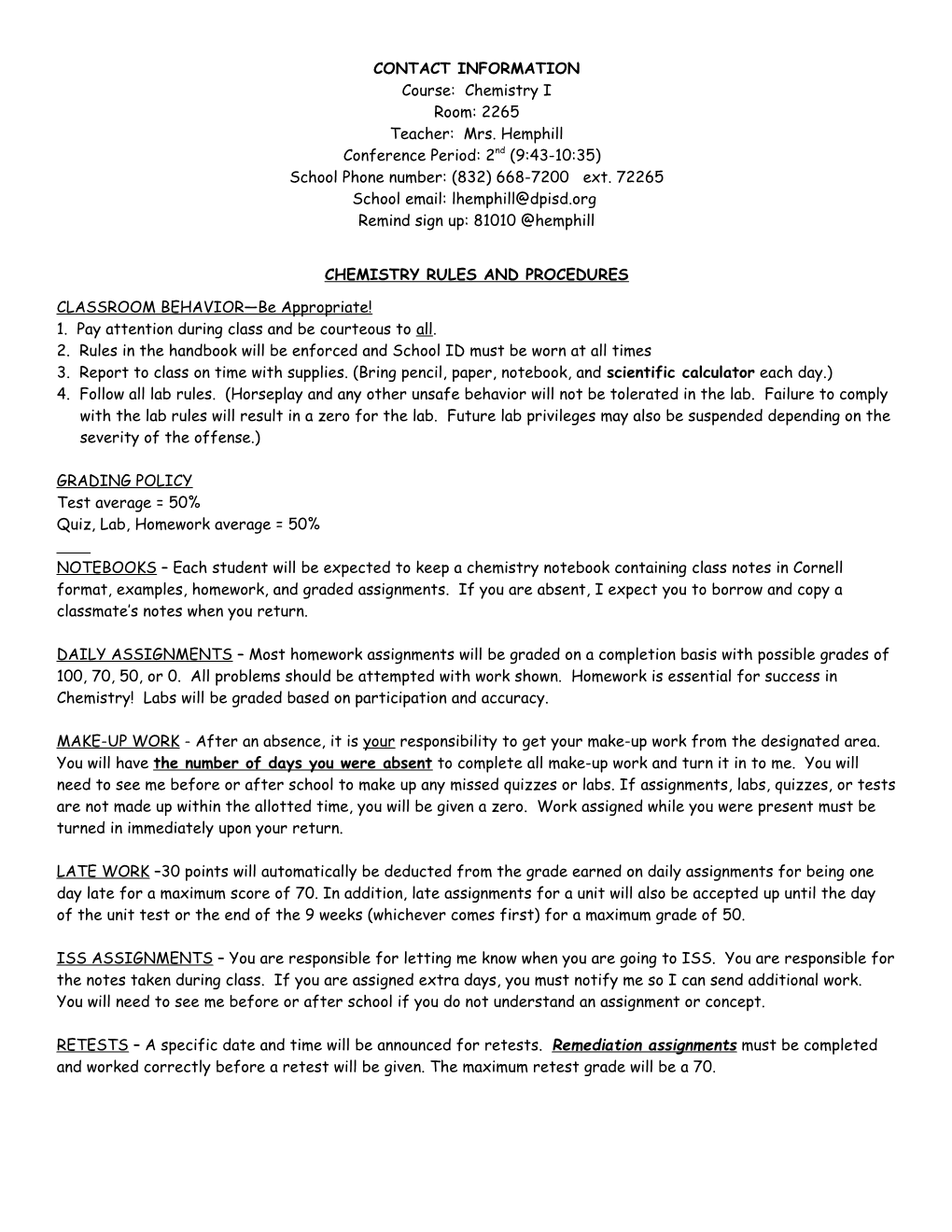 Chemistry Rules and Procedures