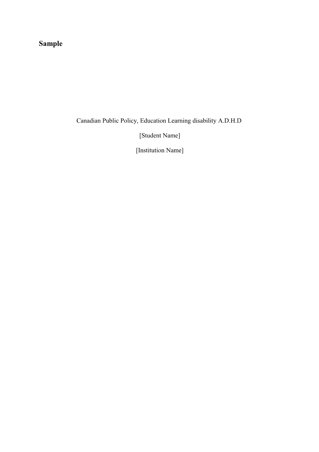 Canadian Public Policy, Education Learning Disability A.D.H.D